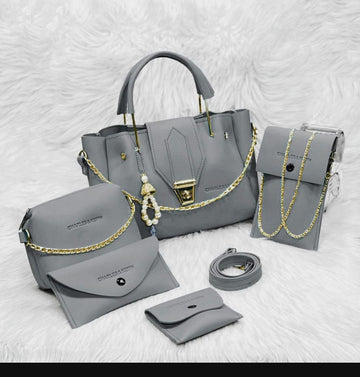 5 Pcs Women's PU Leather Plain Hand Bag Set